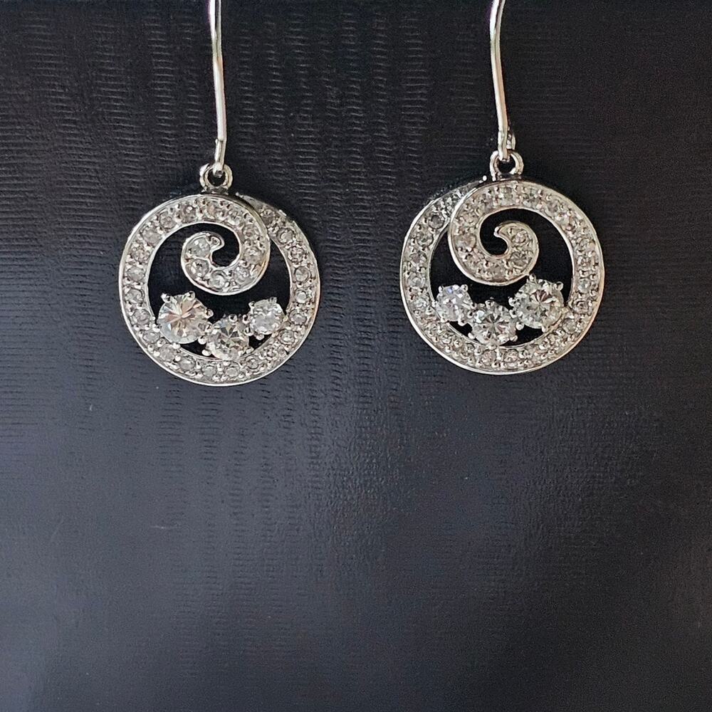 Sterling Silver 925 and Cubic Zirconia White Crystal Drop Dangle Hook Earrings - Picture 2 of 5